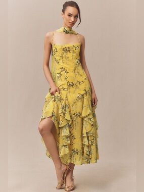 BHLDN Chiffon Cowl-Neck Cross-Back Ruffle Midi Dress Yellow Floral w/ Scarf Neck